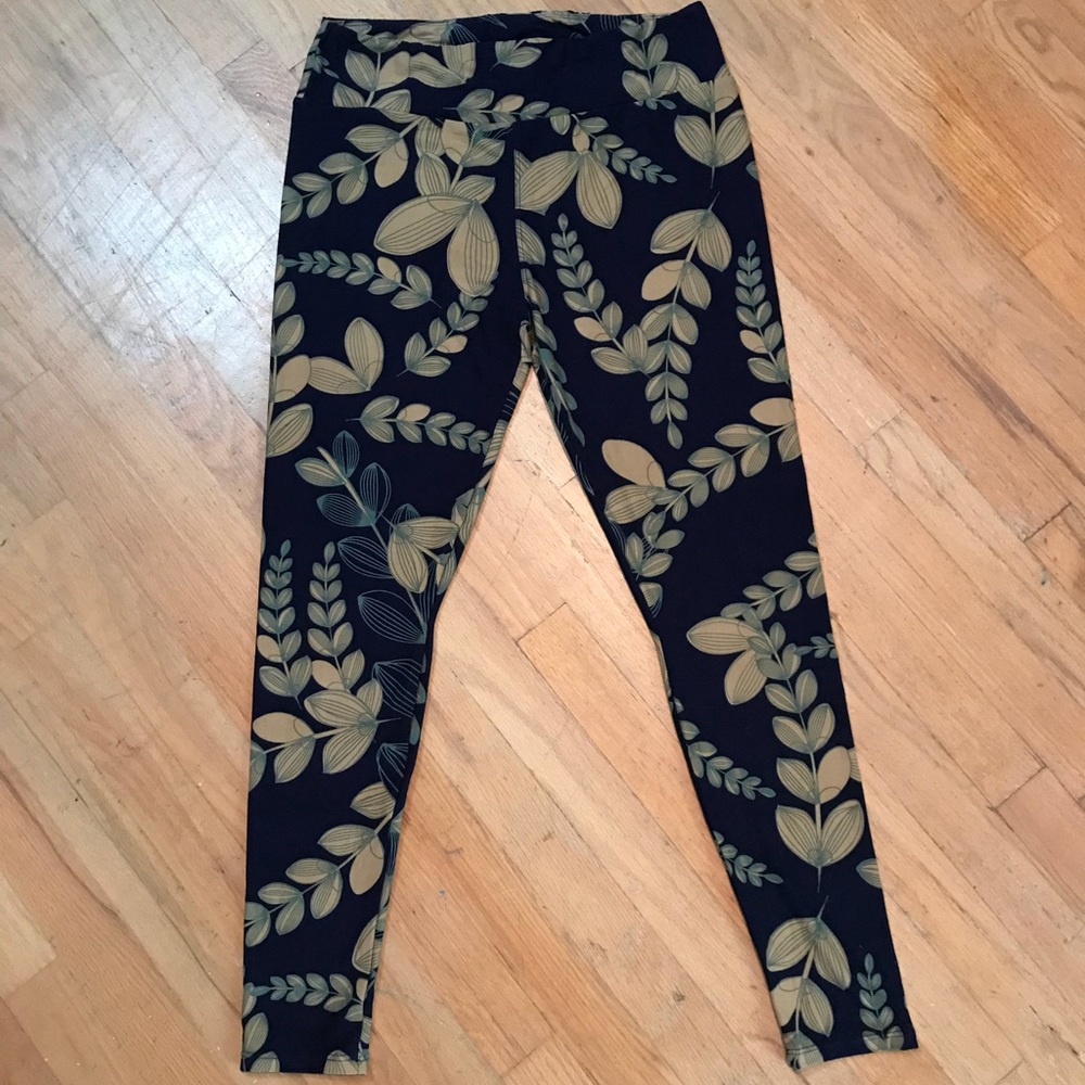 Lularoe tc leggings blue teal pale yellow leaves
